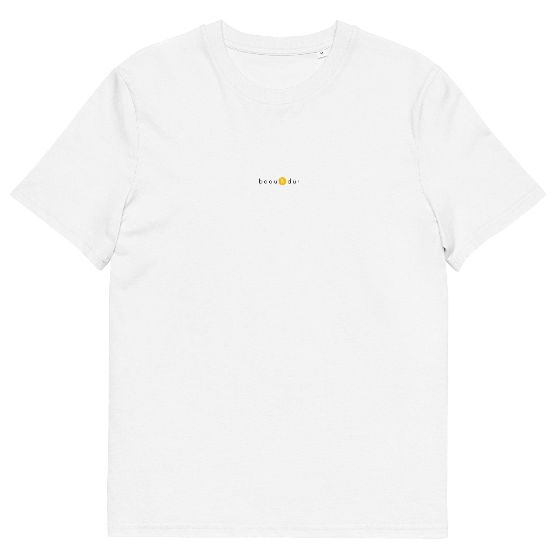 T-shirt blanc tendance, logo jaune, beau et dur de la marque belle et beau