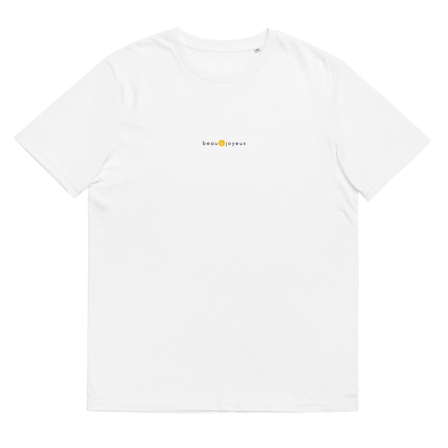 T-shirt blanc tendance, logo jaune, beau et joyeux de la marque belle et beau