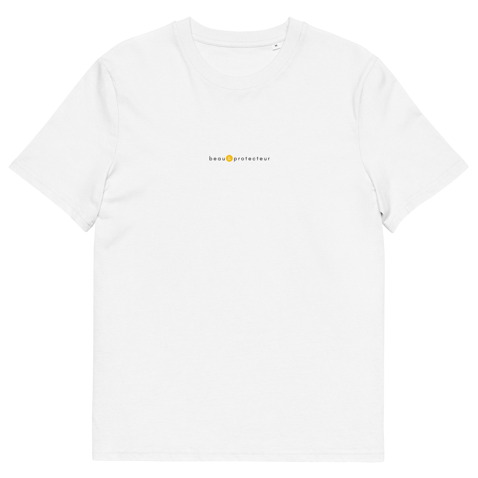 T-shirt blanc tendance, logo jaune, beau et protecteur de la marque belle et beau