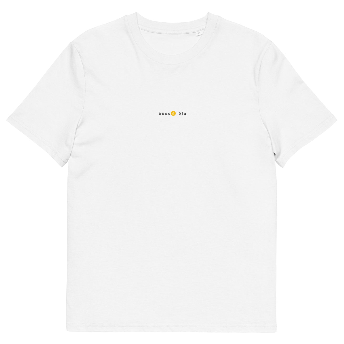 T-shirt blanc tendance, logo jaune, beau et têtu de la marque belle et beau