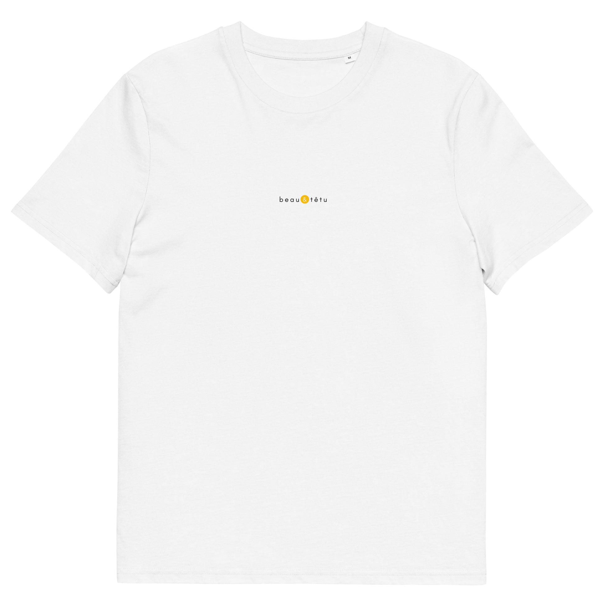 T-shirt blanc tendance, logo jaune, beau et têtu de la marque belle et beau