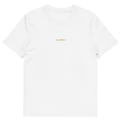 T-shirt blanc tendance, logo jaune, beau et têtu de la marque belle et beau