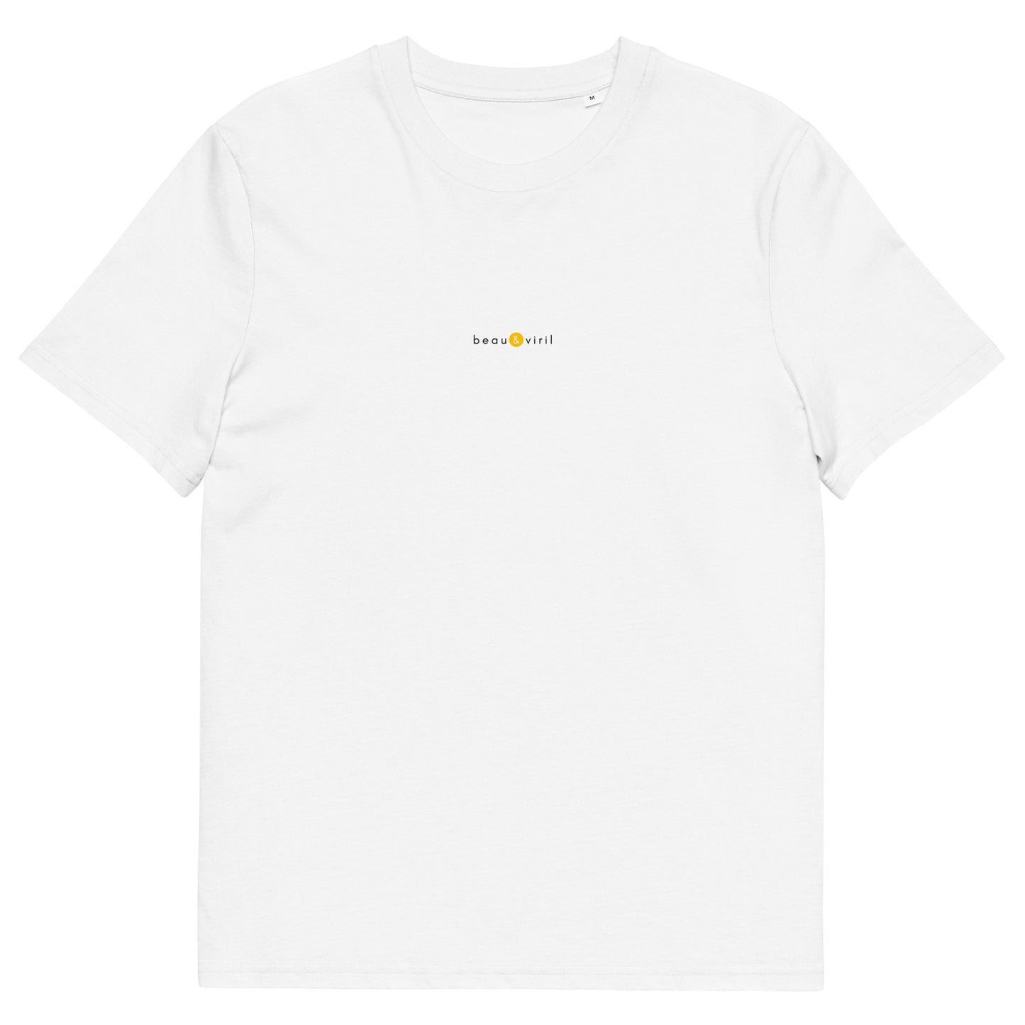 T-shirt blanc tendance, logo jaune, beau et viril de la marque belle et beau