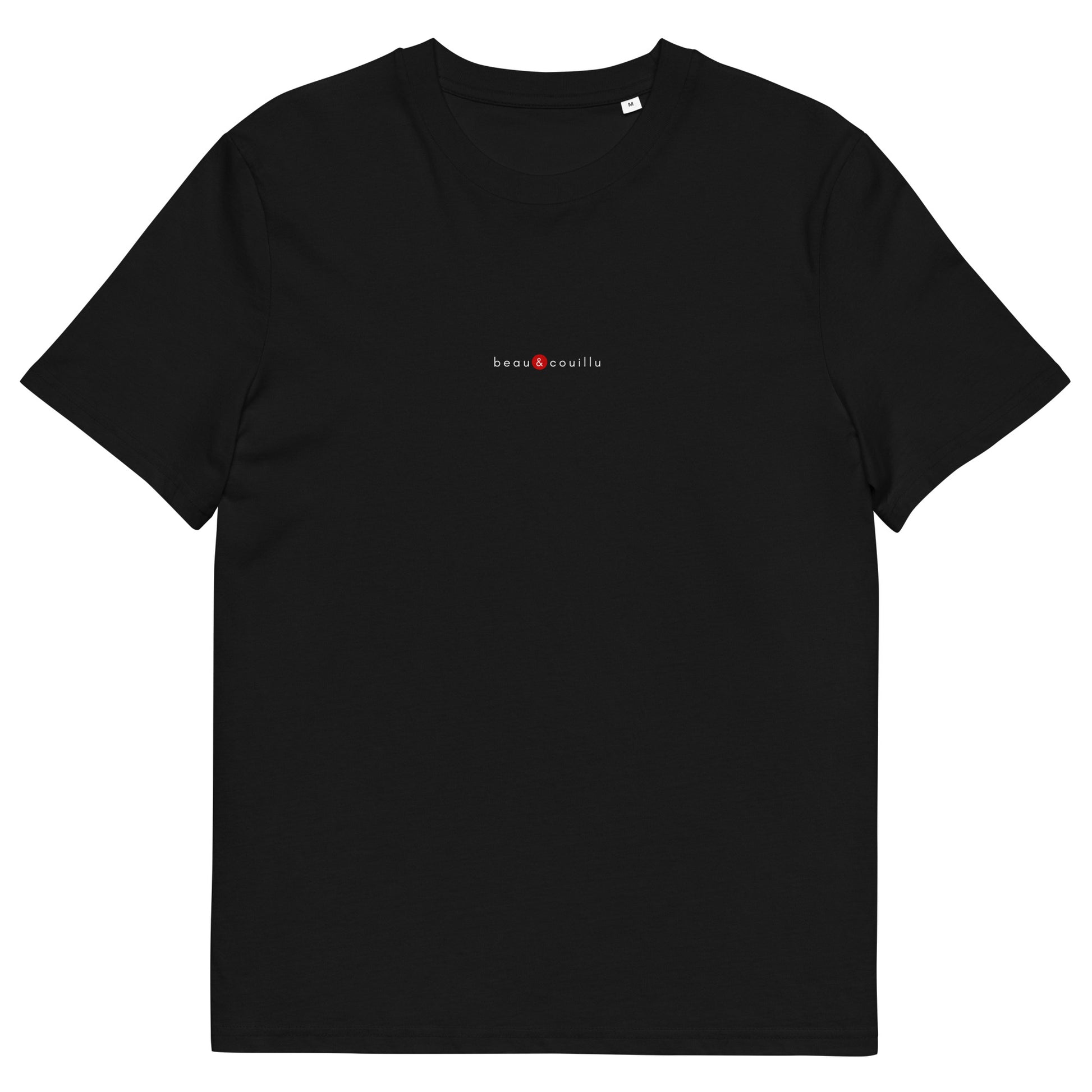 T-shirt noir écoresponsable, logo rouge, beau et couillu de la marque belle et beau