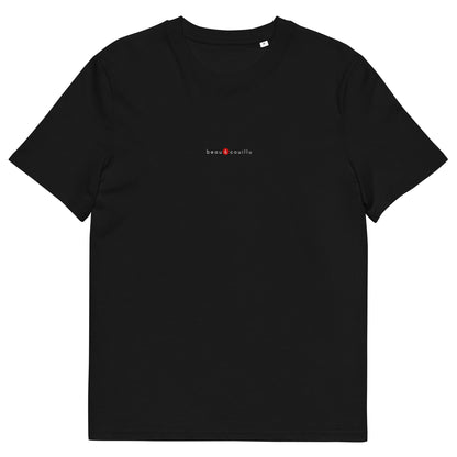 T-shirt noir écoresponsable, logo rouge, beau et couillu de la marque belle et beau