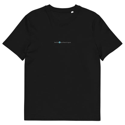 t-shirt noir en coton biologique, logo bleu, belle et authentique de la marque belle et beau