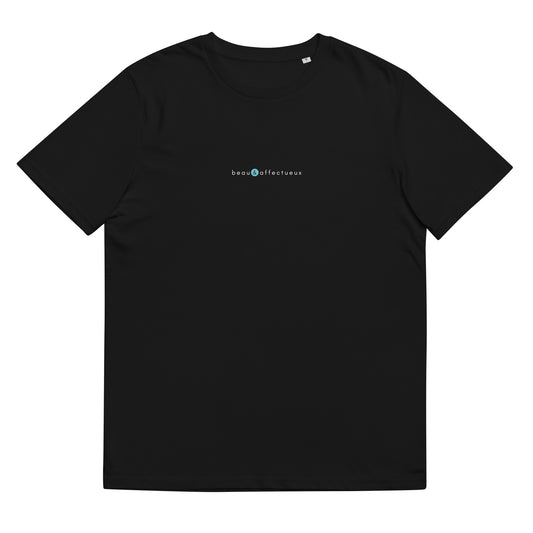 t-shirt noir en coton biologique, logo bleu, beau et affectueux de la marque belle et beau