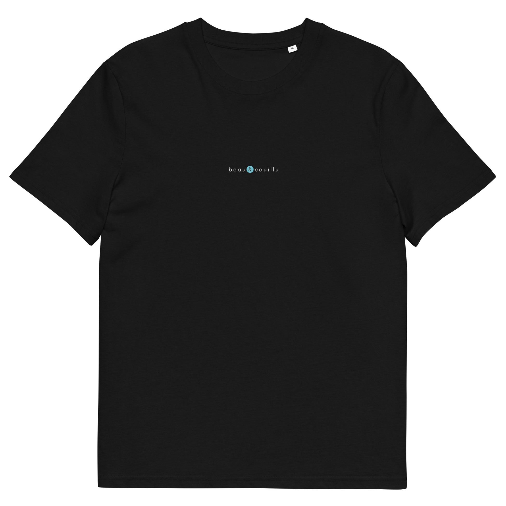t-shirt noir en coton biologique, logo bleu, beau et couillu de la marque belle et beau