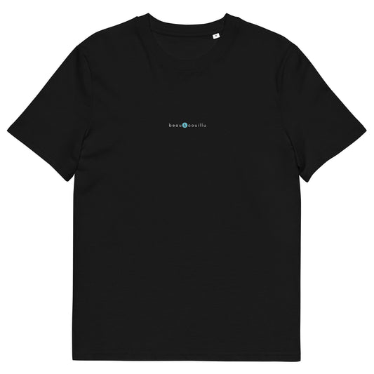 t-shirt noir en coton biologique, logo bleu, beau et couillu de la marque belle et beau