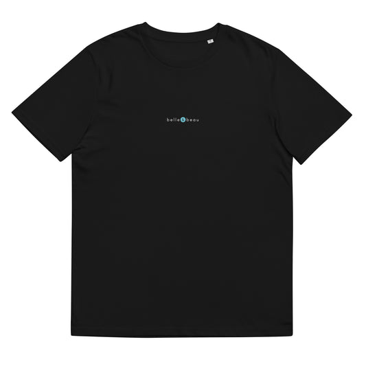 t-shirt noir en coton biologique, logo bleu, belle et beau de la marque belle et beau