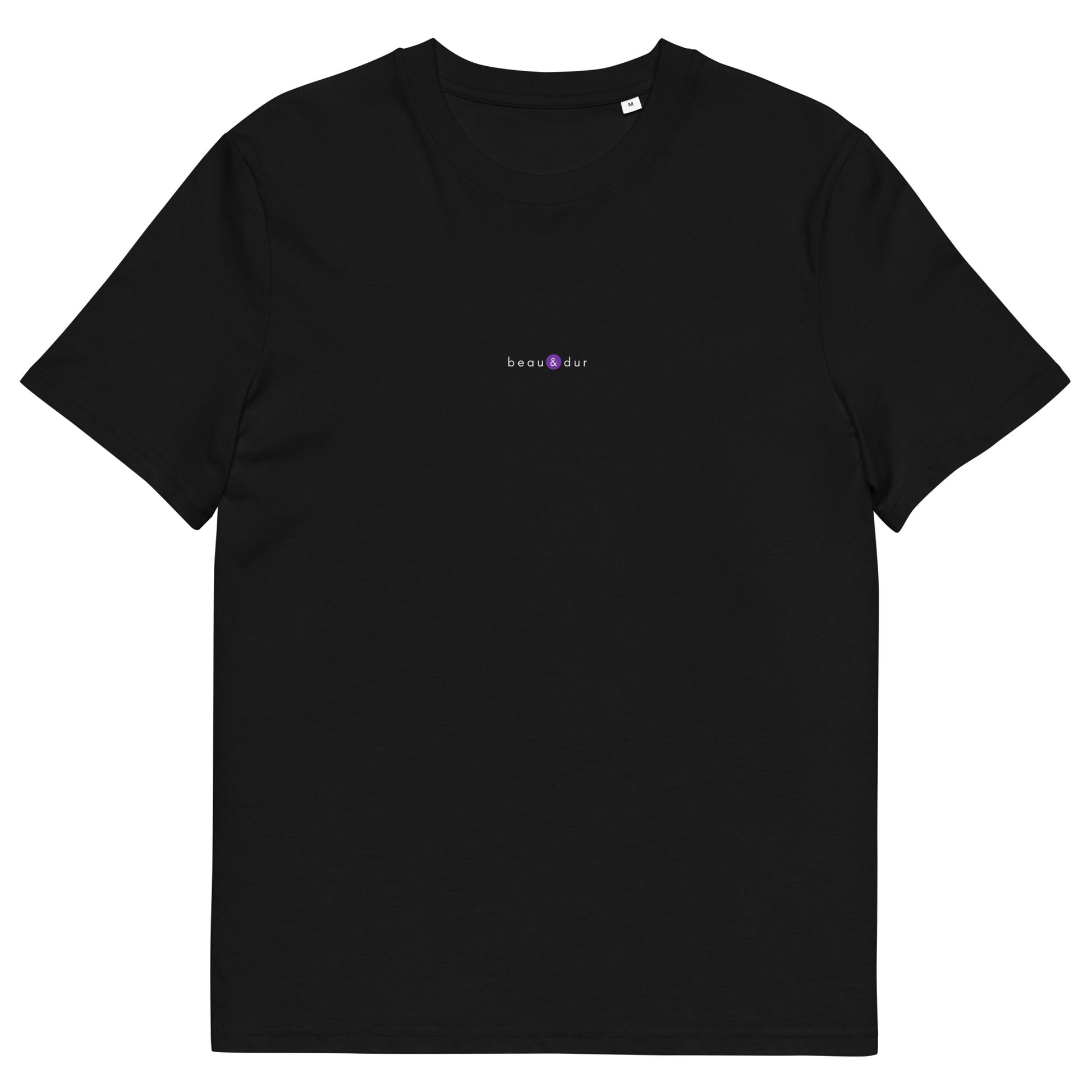 T-shirt noir décalé et original, logo violet, beau et dur de la marque belle et beau