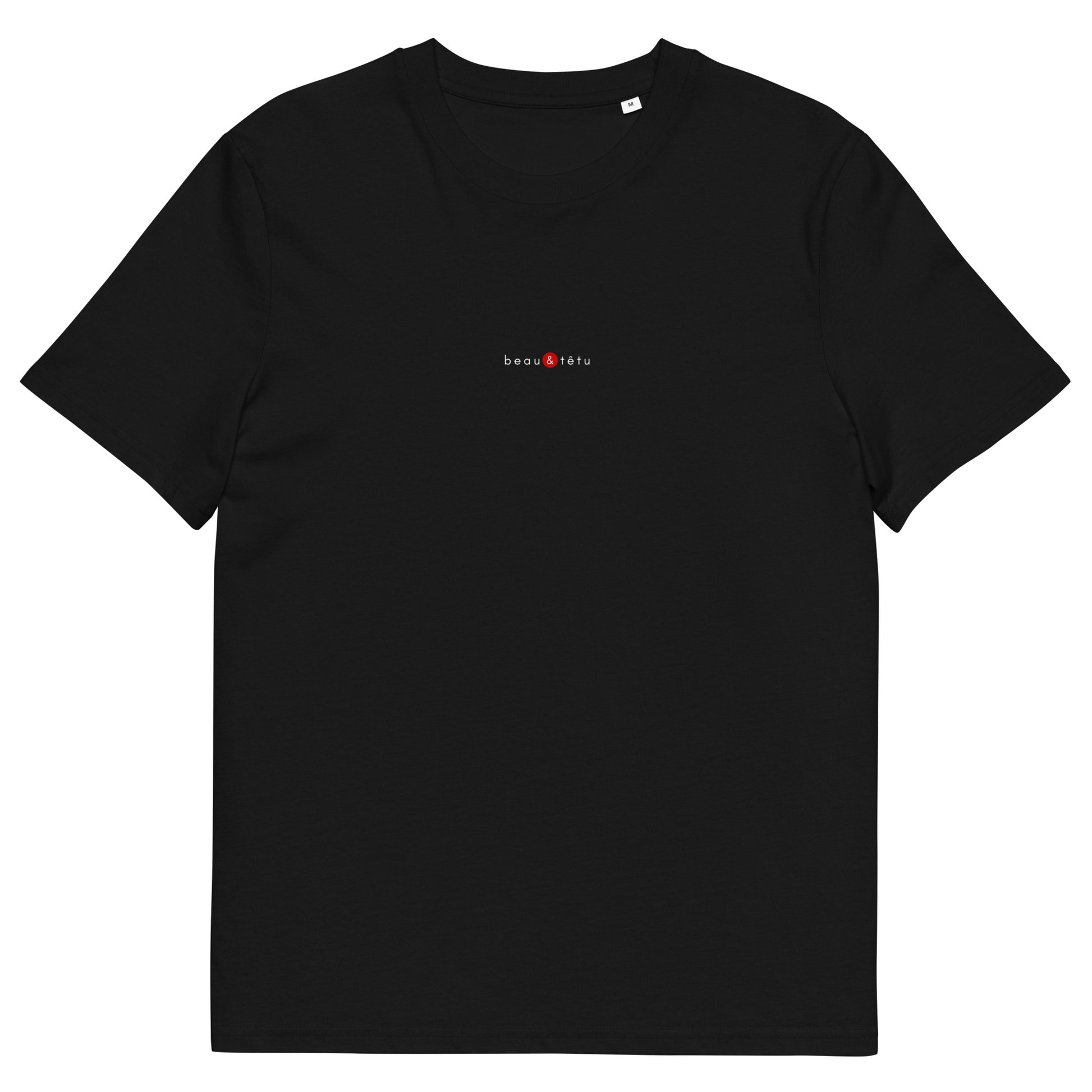 T-shirt noir écoresponsable, logo rouge, beau et têtu de la marque belle et beau