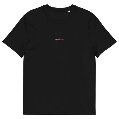 T-shirt noir écoresponsable, logo rouge, beau et têtu de la marque belle et beau