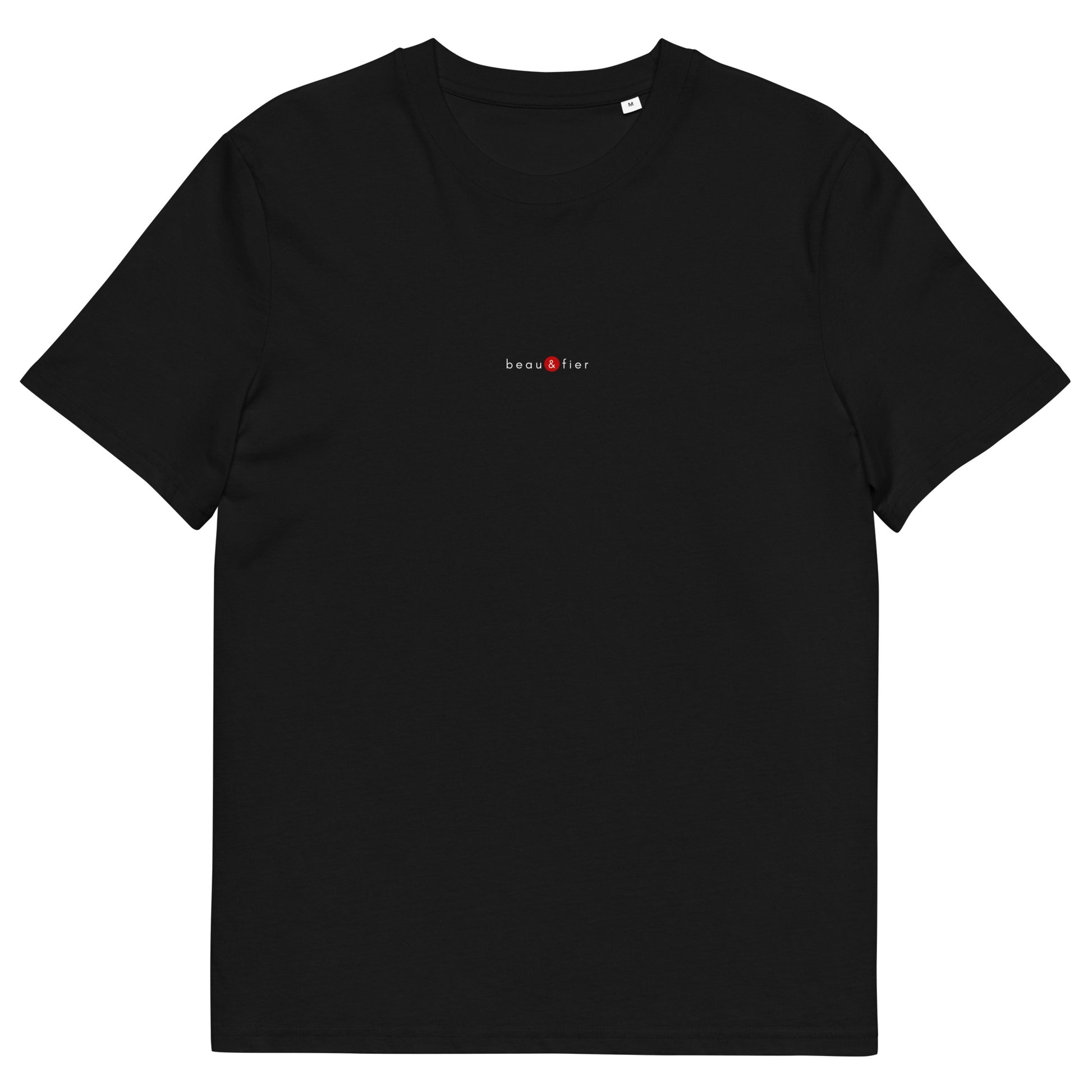 T-shirt noir écoresponsable, logo rouge, beau et fier de la marque belle et beau