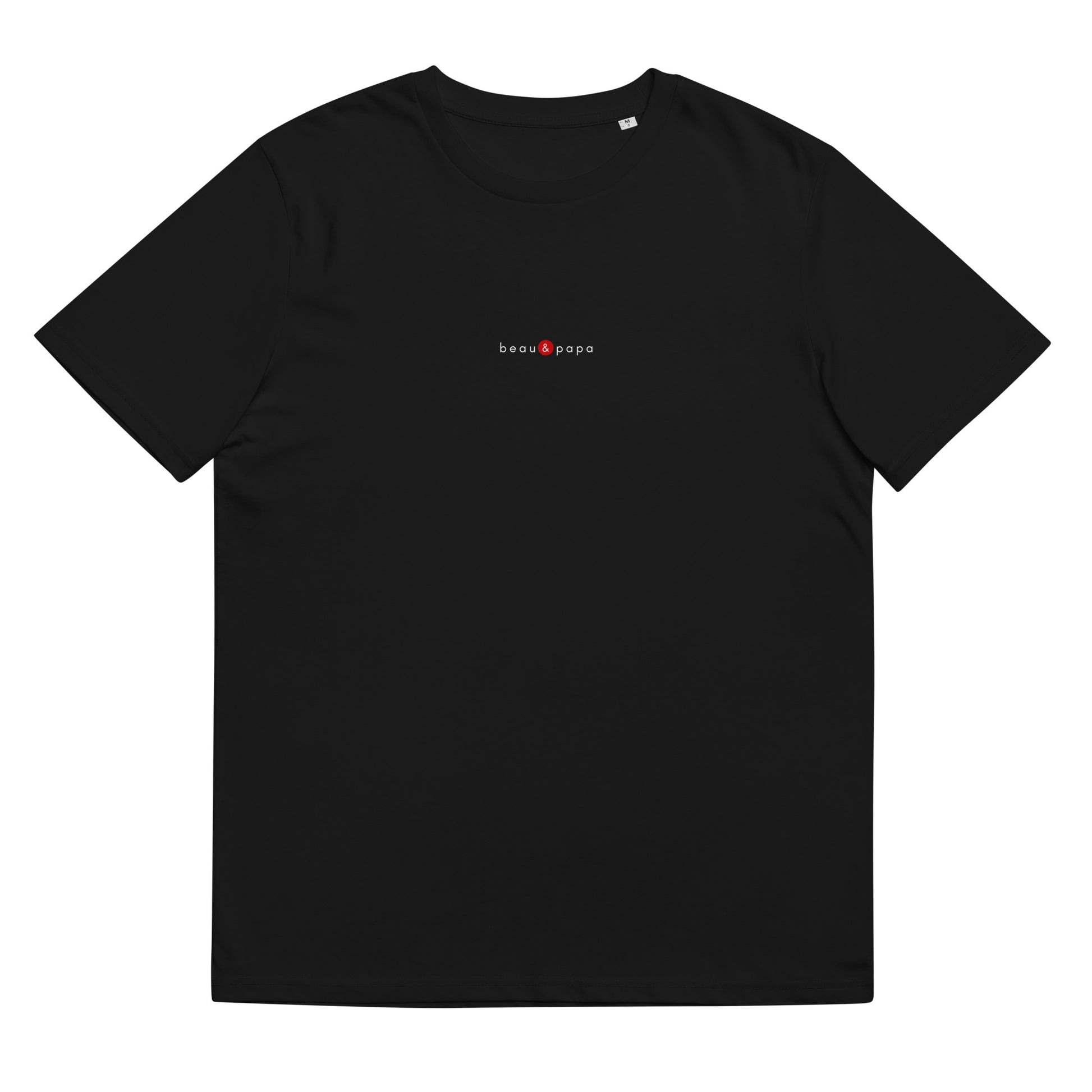 T-shirt noir écoresponsable, logo rouge, beau et papa de la marque belle et beau