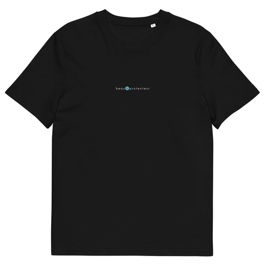 T-shirt noir femme et homme stylé, logo bleu, beau et protecteur de la marque belle et beau