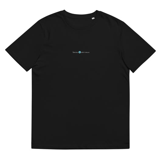 T-shirt noir femme et homme stylé, logo bleu, beau et sérieux de la marque belle et beau