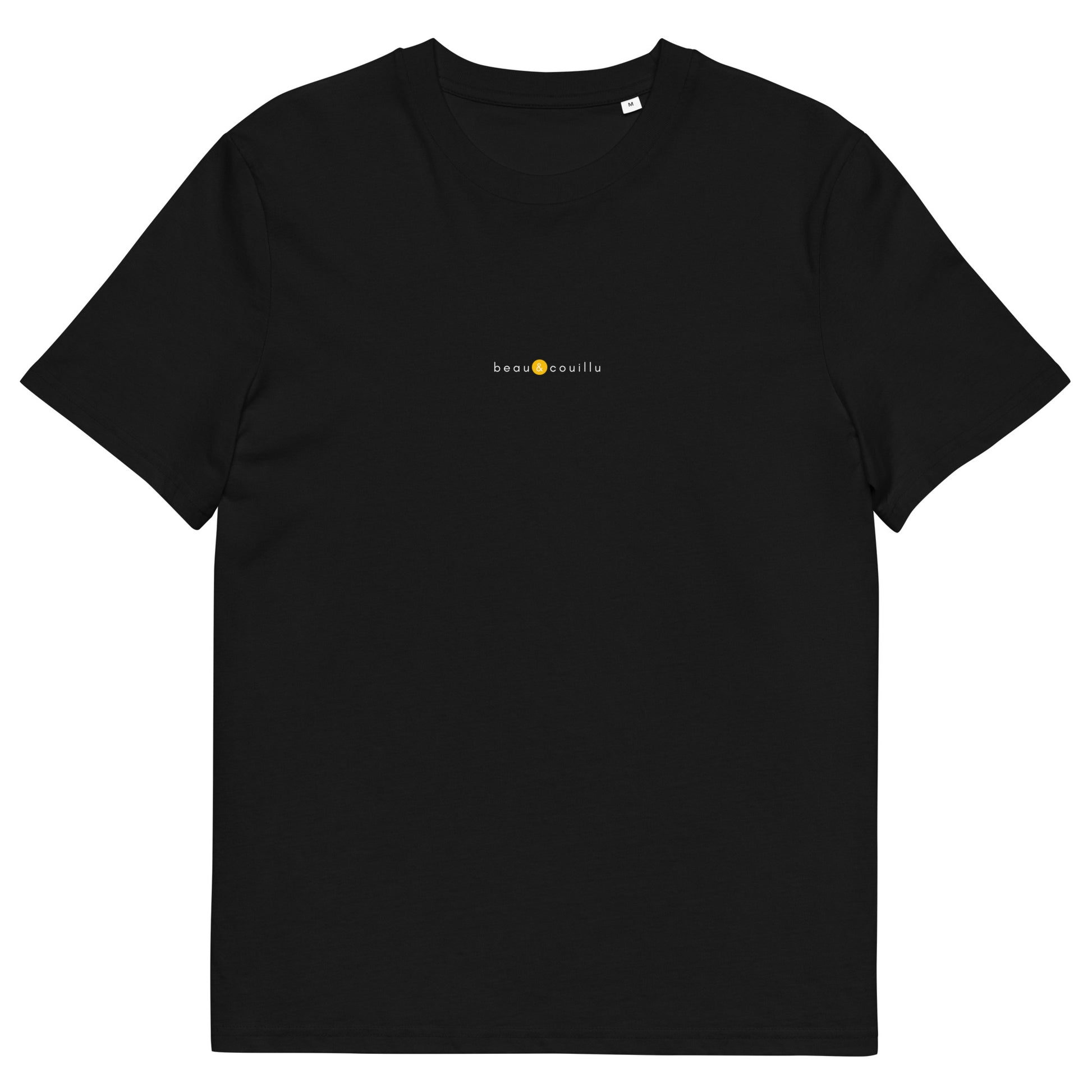 T-shirt noir marque française, logo jaune, beau et couillu de la marque belle et beau