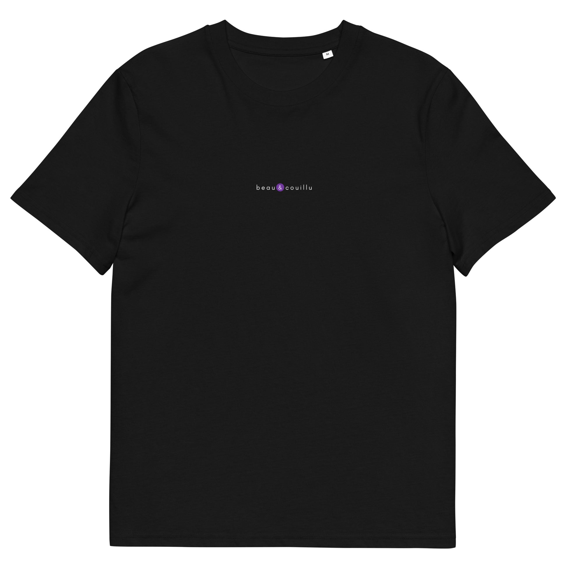 T-shirt noir original et unique, logo violet, beau et couillu de la marque belle et beau