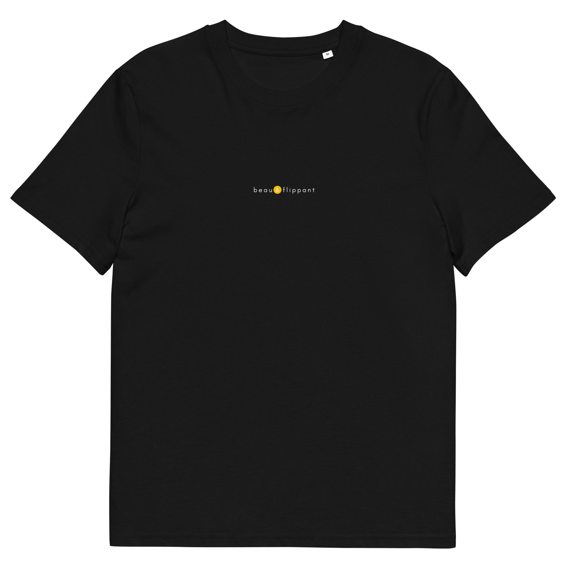 T-shirt noir tendance, logo jaune, beau et flippant de la marque belle et beau